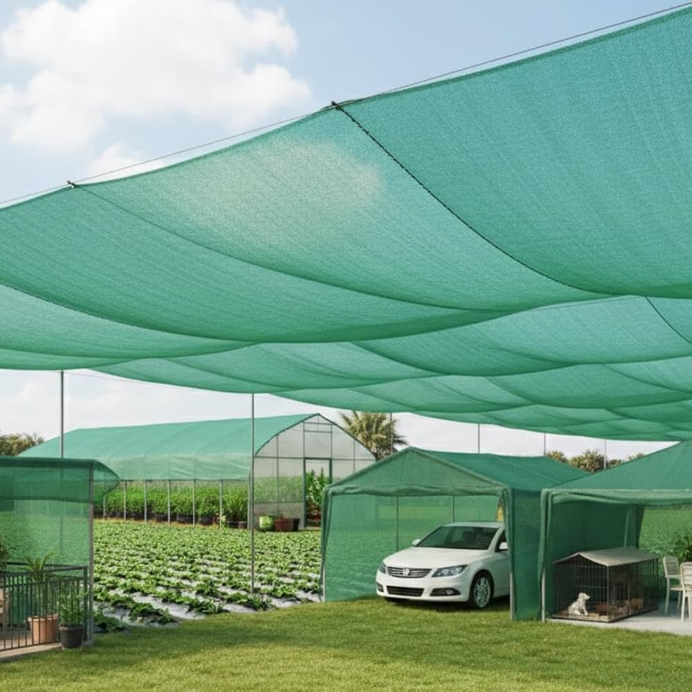 Rolls of shade netting in green and black stacked in a warehouse